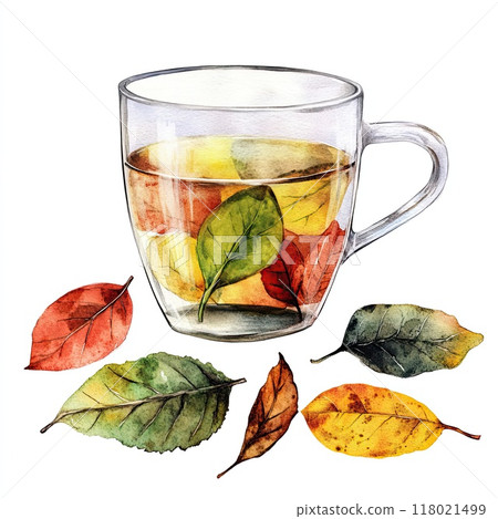 A clear glass cup filled with herbal tea sits surrounded by vibrant autumn leaves. This setting captures the essence of a warm, inviting afternoon, perfect for relaxation. 118021499
