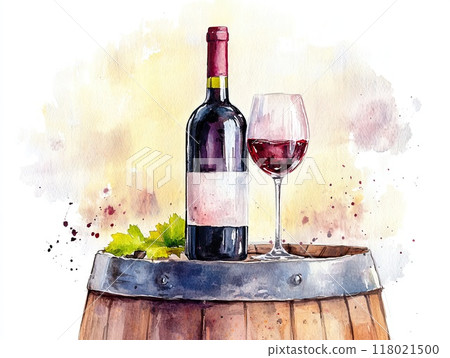 A beautifully arranged bottle of red wine sits on a rustic wooden barrel alongside a filled wine glass, accented by fresh grape leaves, creating a cozy atmosphere perfect for a gathering. 118021500
