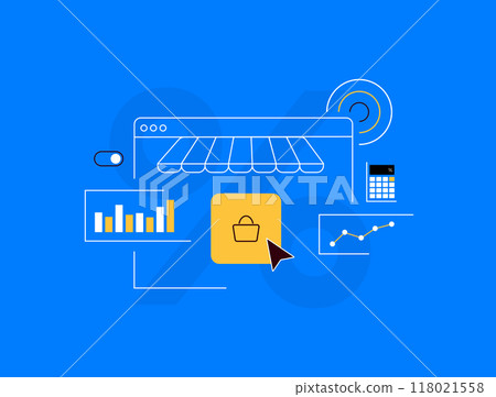 Ecommerce KPI with data analytics for tracking and growing sales. E-commerce key performance indicators and metrics. Sales growth, conversion rates, online business success, sales trends illustration 118021558