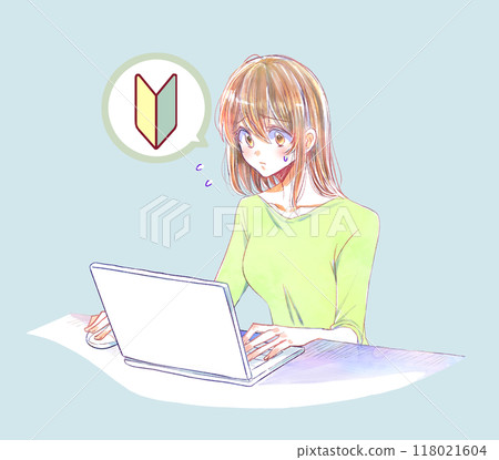 Woman operating a computer, trouble, beginner, mouse, frown 118021604