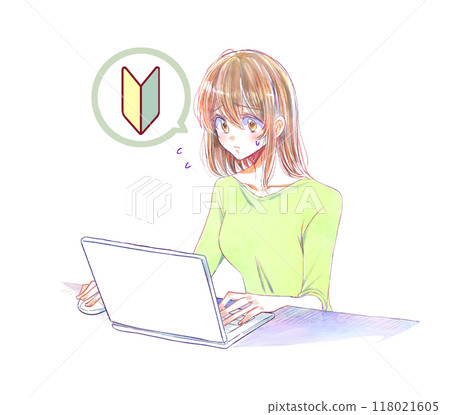 Woman operating a computer, trouble, beginner, mouse, frown Woman operating a computer, trouble, beginner, mouse, frown 118021605