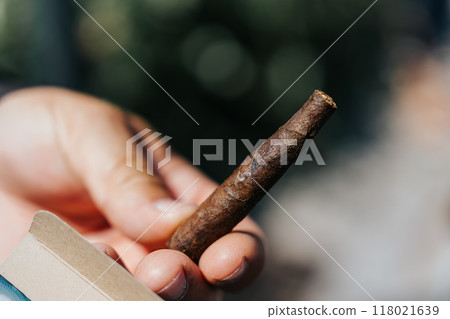 手裡拿著雪茄的特寫 手裡拿著雪茄的特寫 118021639