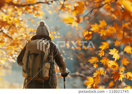 Senior woman walking along a mountain path in autumn leaves 118021745