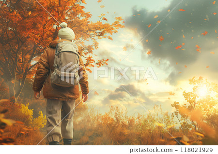 Senior woman walking among autumn leaves 118021929