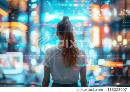 未來城市中一位女性的後視圖人工智慧產生的材料 未來城市中一位女性的後視圖人工智慧產生的材料 118022007