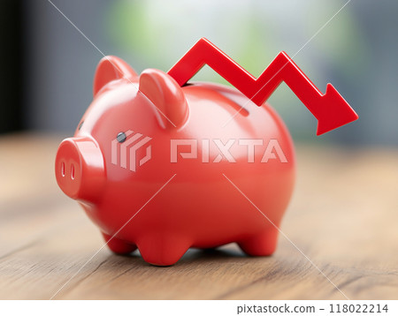 Piggy bank with red arrow going up on wooden background, financial concept. Piggy bank with red arrow going up on wooden background, financial concept. 118022214