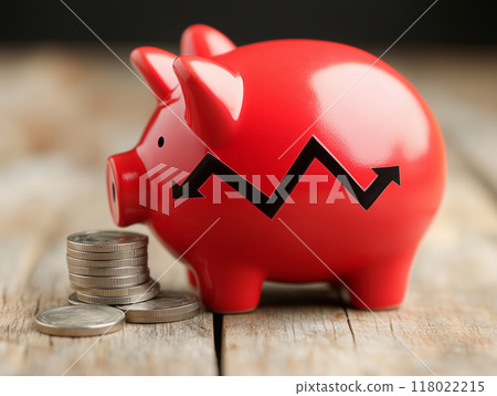 Piggy bank with red arrow going up on wooden background, financial concept. Piggy bank with red arrow going up on wooden background, financial concept. 118022215