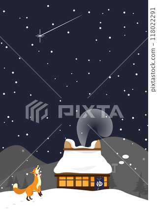 A background illustration of a fox and a fox bathhouse on a snowy night (vertical) A background illustration of a fox and a fox bathhouse on a snowy night (vertical) 118022291