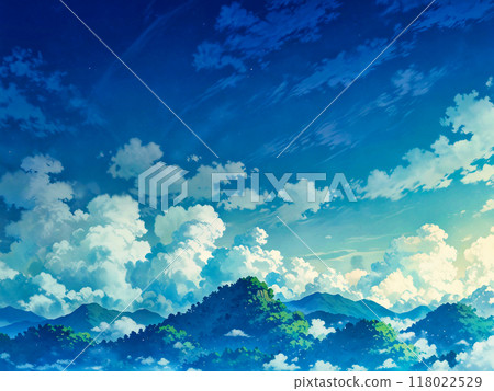 Blue sky, white clouds and green mountains 118022529