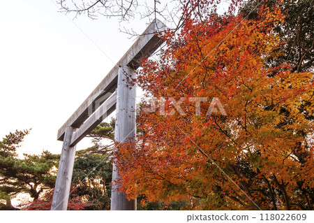 宇治橋鳥居與楓葉的風景 伊勢神宮內宮的紅葉風景 秋天的伊勢志摩旅遊景點 118022609