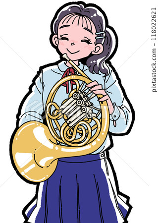 Illustration of a smiling girl holding a horn Illustration of a smiling girl holding a horn 118022621