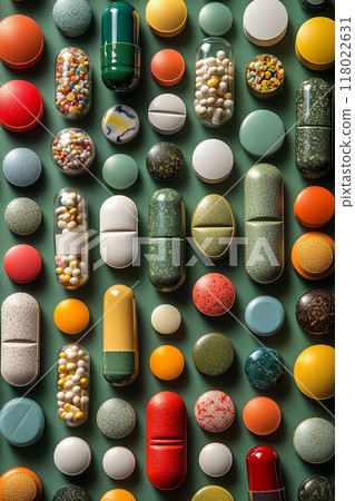 Top view of various pills spread out on a bold green background 118022631