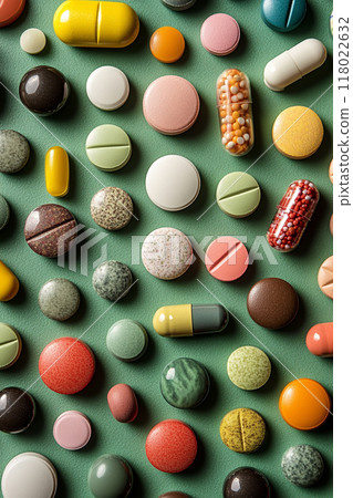 Top view of various pills spread out on a bold green background 118022632