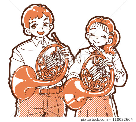 Illustration of a man and woman holding a horn Illustration of a man and woman holding a horn 118022664