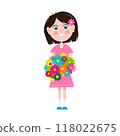 Happy woman in pink dress with flowers bouquet - vector 118022675
