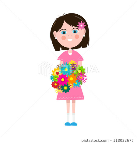 Happy woman in pink dress with flowers bouquet - vector Happy woman in pink dress with flowers bouquet - vector 118022675