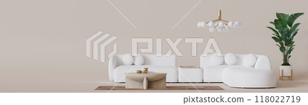 Plush white sofa with elegant accents, stylish round coffee table and artistic, pendant light, perfect for contemporary home. Furniture store concept. Interior design. Banner with copy space. 3D. 118022719