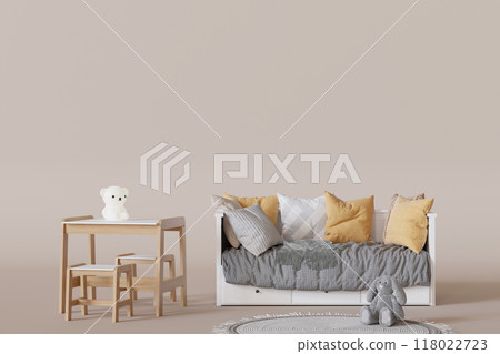 White toddler bed with soft, colorful pillows, wooden table and chairs set, cute stuffed toys set against neutral backdrop. Kids furniture store concept. Children room interior design. Copy space. 3D. White toddler bed with soft, colorful pillows, wooden table and chairs set, cute stuffed toys set against neutral backdrop. Kids furniture store concept. Children room interior design. Copy space. 3D. 118022723