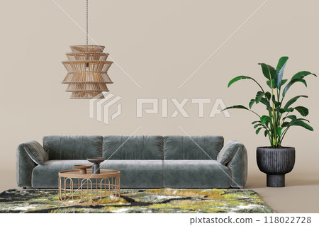 Luxurious velvet sofa, wicker pendant light, lush potted plant creating a perfect blend of comfort and style. Earthy tones, warm and inviting atmosphere. Furniture store concept. Interior design. 3D. 118022728