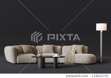 Plush beige sofa with textured cushions, modern black coffee table, and stylish floor lamp on dark backdrop, creating an inviting atmosphere. Furniture store concept. Interior design. Copy space. 3D. 118022745