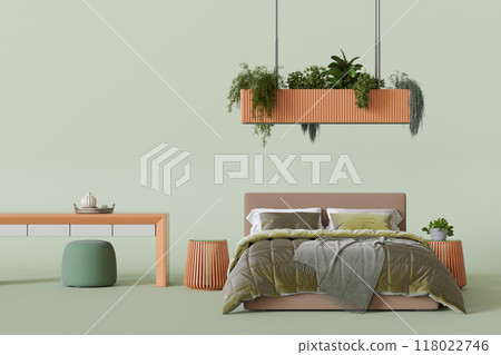 Modern bed, complemented by unique overhead plant holder and matching decor elements for a fresh, serene vibe. Furniture store concept. Interior design. Bedroom furnishings. Home staging. 3D render. Modern bed, complemented by unique overhead plant holder and matching decor elements for a fresh, serene vibe. Furniture store concept. Interior design. Bedroom furnishings. Home staging. 3D render. 118022746