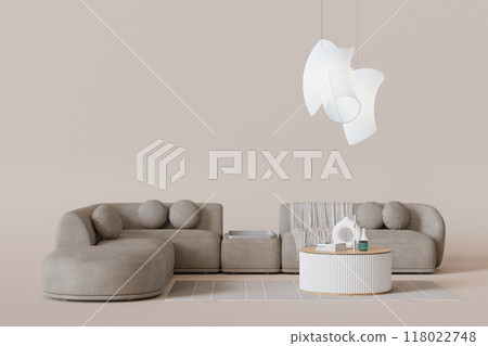 Plush neutral toned sofa with elegant accents, stylish round coffee table and artistic, flowing pendant lights, perfect for contemporary home. Furniture store concept. Interior design. Copy space. 3D. 118022748
