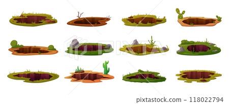Pits in ground. Different grounds holes for animal underground entrance. Garden forest desert soil pit, stones plants grass nowaday vector elements 118022794