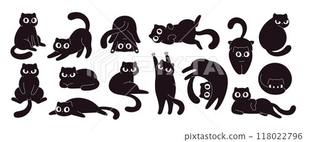 Cartoon black cats. Funny fat cat in different poses and situations. Isolated flat wall stickers design, crazy kitty characters. Adorable racy vector kittens Cartoon black cats. Funny fat cat in different poses and situations. Isolated flat wall stickers design, crazy kitty characters. Adorable racy vector kittens 118022796
