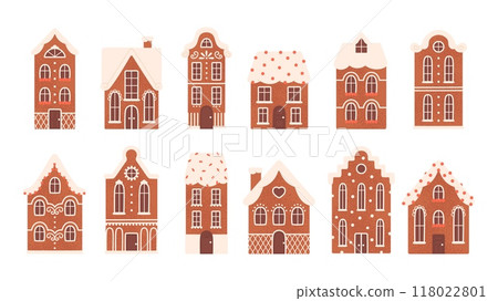 Gingerbread houses. Isolated christmas cookies with glaze. Baking elements, sweet winter holidays traditional dessert, racy vector collection Gingerbread houses. Isolated christmas cookies with glaze. Baking elements, sweet winter holidays traditional dessert, racy vector collection 118022801