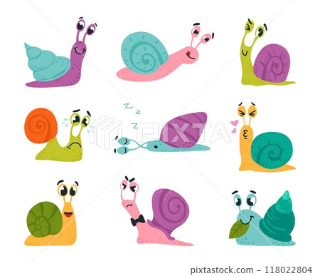Cartoon snails. Funny snail different emotions. Cute insects with shells in love sleep angry crying and eating. Wild forest garden creatures classy vector set Cartoon snails. Funny snail different emotions. Cute insects with shells in love sleep angry crying and eating. Wild forest garden creatures classy vector set 118022804