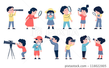 Children with binoculars. Kids explore world and nature with magnifying glass and telescope. Curiosity and searching, looking around recent vector characters 118022805