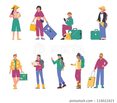 Tourist characters. People travel with luggage, backpacks and suitcases. Woman looking map, waiting transport. Cartoon travellers splendid vector set Tourist characters. People travel with luggage, backpacks and suitcases. Woman looking map, waiting transport. Cartoon travellers splendid vector set 118022823