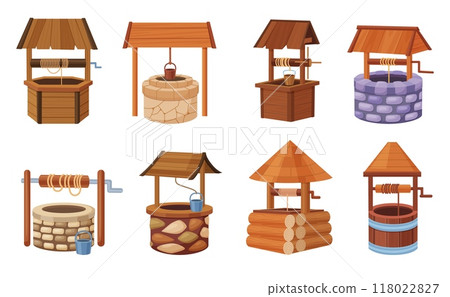 Old water wells. Cartoon ancient well of springs, wooden and stones sources with planks, ropes and buckets. Village landscape elements, nowaday vector set Old water wells. Cartoon ancient well of springs, wooden and stones sources with planks, ropes and buckets. Village landscape elements, nowaday vector set 118022827