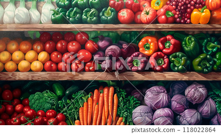 Shelf with Fresh Vegetables in a Shop Oil on Canvas Illustration Colorful Produce Assorted Vegetables Grocery Store Display Vibrant Colors Detailed Textures Organic Items Market 118022864