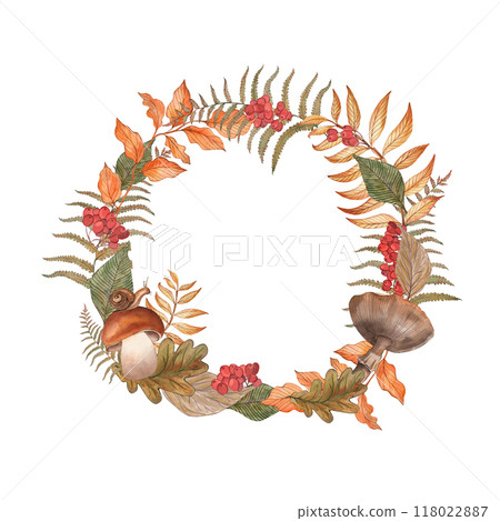 Watercolor, round frame with autumn forest illustrations. The leaves, mushroom, berry of rowan and rosehip are hand-drawn in a botanical style. For the design of card, invitation, packaging, holiday 118022887