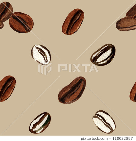 Coffee beans, fragrant, delicious, invigorating coffee, ornament, seamless pattern, white, brown, gray. Illustration on the theme of an oriental coffee shop, drawn in watercolor on beige background 118022897
