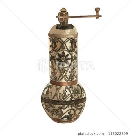 Coffee grinder with turkish ornament. Illustration on the theme of an oriental coffee shop, hand-drawn in watercolor on a white background. Suitable for menu design, accessories, poster printing. Coffee grinder with turkish ornament. Illustration on the theme of an oriental coffee shop, hand-drawn in watercolor on a white background. Suitable for menu design, accessories, poster printing. 118022899