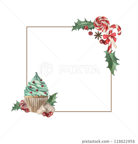A square frame decorated with Christmas sweets. Cupcakes lollipop meringues berries and holly leaves are hand-drawn in watercolor in red and green colors. For the design of card, New Year's invitation A square frame decorated with Christmas sweets. Cupcakes lollipop meringues berries and holly leaves are hand-drawn in watercolor in red and green colors. For the design of card, New Year's invitation 118022958