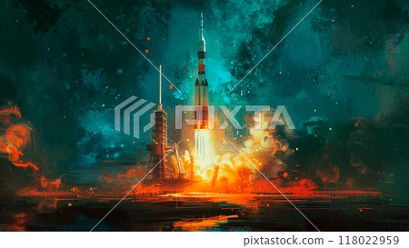 Moment a Space Rocket Takes Off from the Cosmodrome Oil on Canvas Illustration Powerful Launch Intense Flames and Smoke Towering Rocket Cutting Through the Atmosphere Technological Moment a Space Rocket Takes Off from the Cosmodrome Oil on Canvas Illustration Powerful Launch Intense Flames and Smoke Towering Rocket Cutting Through the Atmosphere Technological 118022959