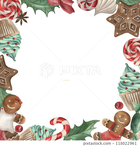 A square frame decorated with Christmas sweets. Cupcake, gingerbread, candy, lollipop, meringue, holly, berry, anise are hand-painted in watercolor. The illustration is in red, brown, and green colors A square frame decorated with Christmas sweets. Cupcake, gingerbread, candy, lollipop, meringue, holly, berry, anise are hand-painted in watercolor. The illustration is in red, brown, and green colors 118022961
