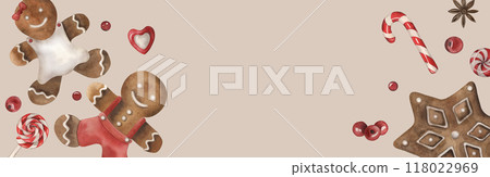 Banner, Christmas sweets, gingerbread, lollipops, berries. The illustration is hand-drawn in watercolor in brown, red and white colors on a pink background. To advertise a holiday, New Year, event 118022969
