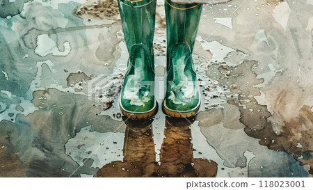 Green Rubber Boots Puddle Watercolor Illustration Wet Surface Reflections Rainy Day Footwear Vibrant Colors Detailed Texture Water Splashing Surrounding Muddy Puddle Bright Green 118023001