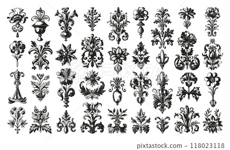 Baroque Victorian Floral Ornamental Icons Set Simple Line Art Engraving Style White Background Elegant Vintage Design 118023118