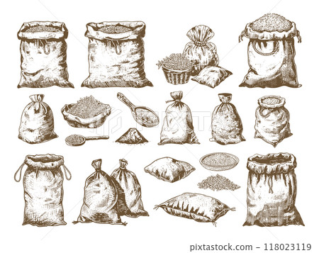 Bags of Rice Opened and Bagged Icon Set Vector Line Drawing Old Woodcut Style White Background Classic Rice Bag Illustrations Vintage Icons Engraved Designs Retro Art Simple Line 118023119