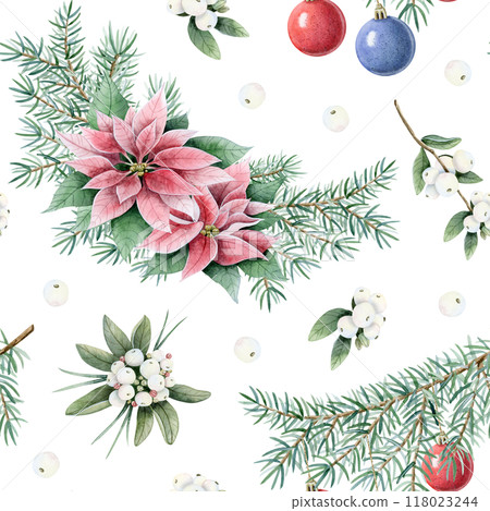 Christmas tree branches decorated with red and blue hanging balls ornaments with poinsettia flowers watercolor seamless pattern on white background. Green pine twigs with vintage decorations Christmas tree branches decorated with red and blue hanging balls ornaments with poinsettia flowers watercolor seamless pattern on white background. Green pine twigs with vintage decorations 118023244