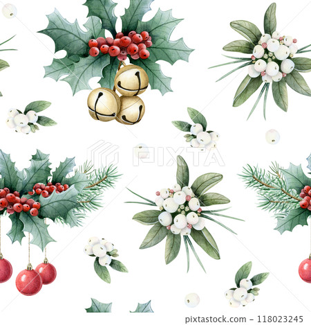 Christmas hanging ball and bells on pine tree branches and red holly twigs watercolor seamless pattern on white background for winter holidays and New Year greeting wrapping paper and textiles Christmas hanging ball and bells on pine tree branches and red holly twigs watercolor seamless pattern on white background for winter holidays and New Year greeting wrapping paper and textiles 118023245