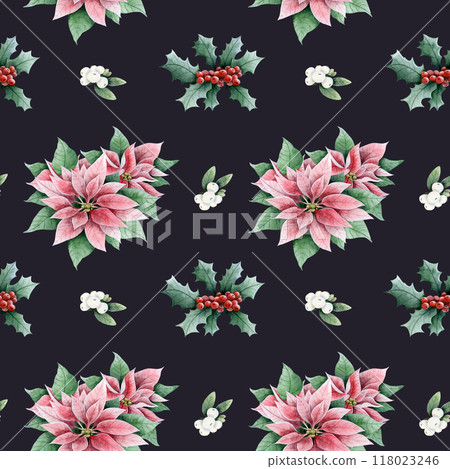 Christmas watercolor poinsettia, red holy berries and snowberry vintage floral seamless pattern on dark blue black background. New Year flowers and plants for winter holidays greeting designs Christmas watercolor poinsettia, red holy berries and snowberry vintage floral seamless pattern on dark blue black background. New Year flowers and plants for winter holidays greeting designs 118023246