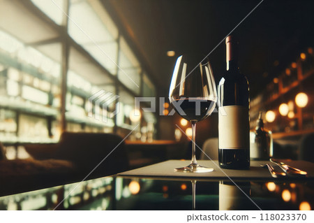 Wine bottle with unclear label beside filled wine glass on glass table. Low light creates a sophisticated, intimate atmosphere, perfect for upscale dining or tasting experiences 118023370