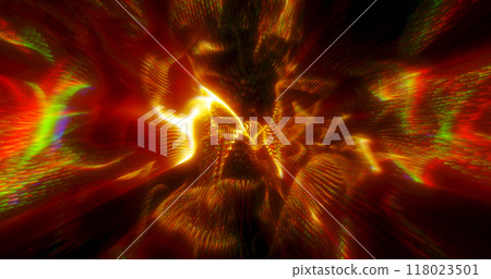 A vibrant explosion of swirling red and gold light patterns, creating a dynamic and fiery abstract background. Ideal for technology, energy, or cosmic-themed designs 118023501