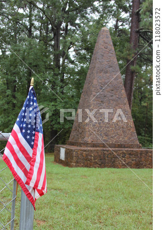 Killough Monument and Cemetery During Rain With American Flag 118023572
